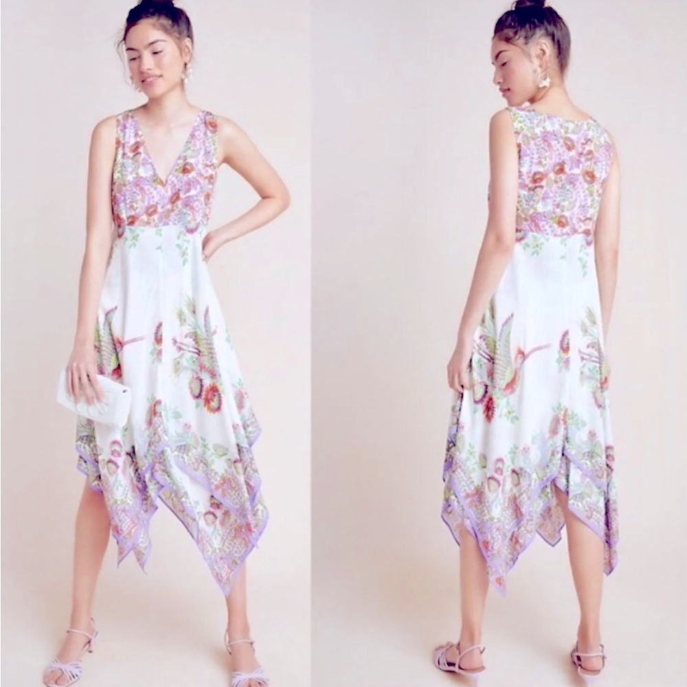 Anthropologie White Floral Midi Dress with Lavender & Pink Accents